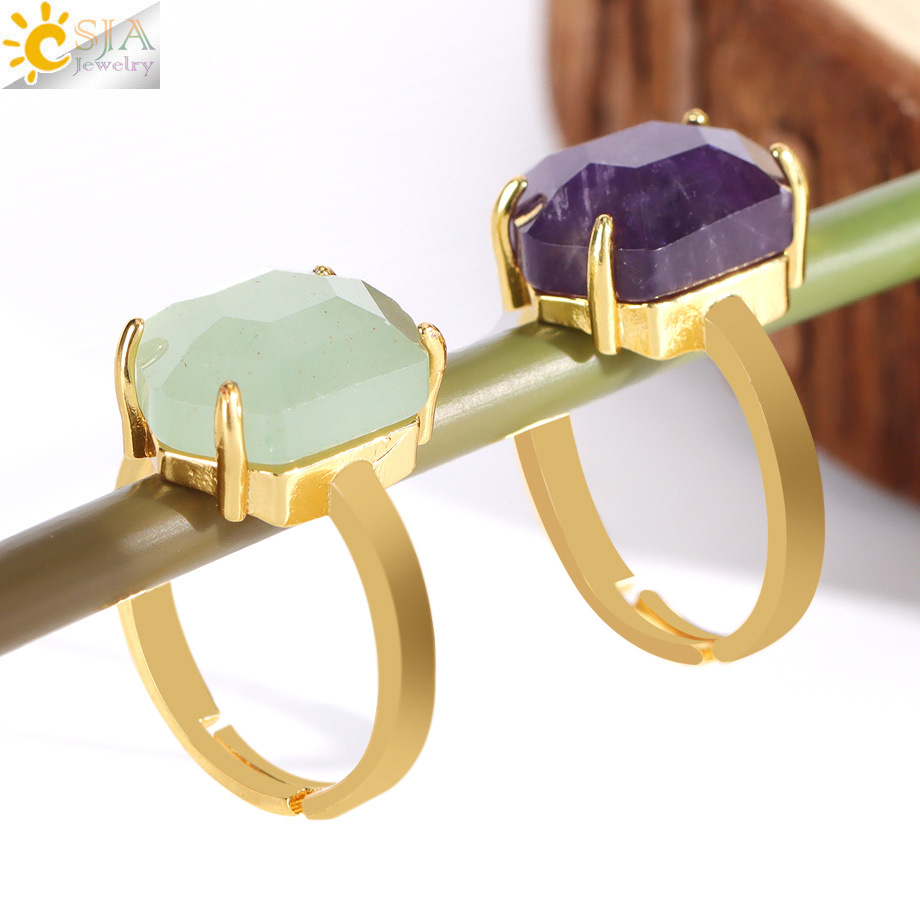 European and American fashion ins style cut face hexagonal natural amethyst obsidian crystal ring open ring wholesale