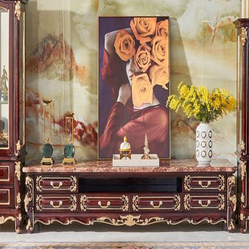 European-Style Villa All Solid Wood Carved Sofa 1234 Combination Marble Wood Surface Coffee Table Tv Cabinet Dining Table Furniture
