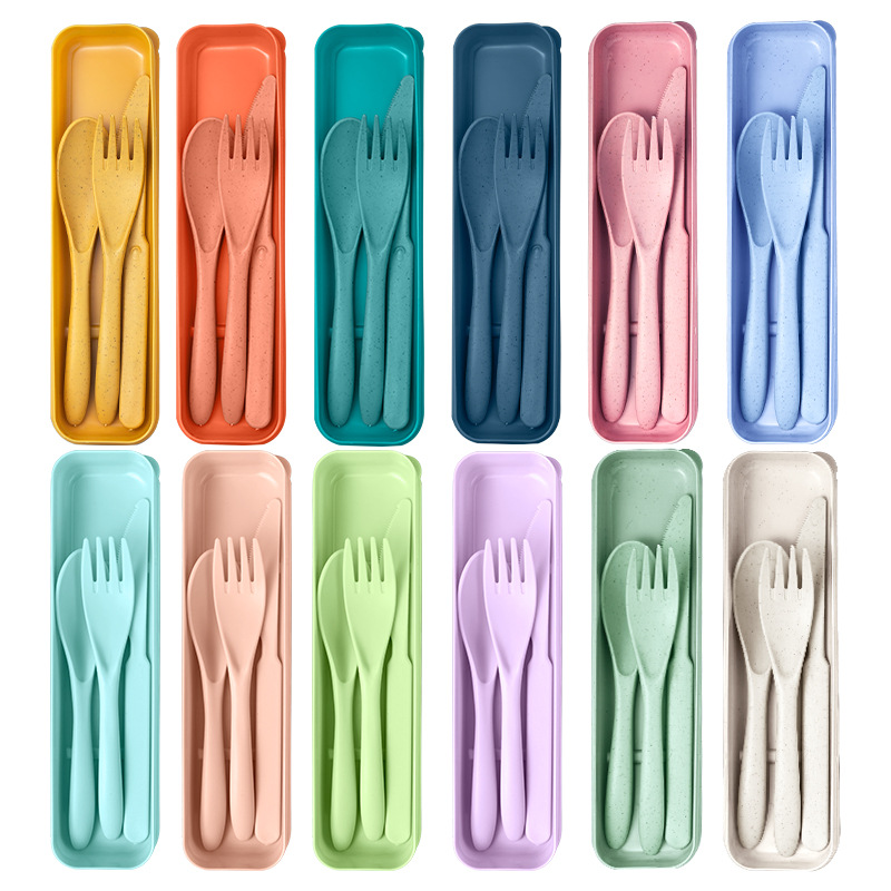 Portable Wheat Straw Knife, Fork and Spoon Tableware Travel Picnic Kidsren's Reusable Lunch Box Plastic Tableware