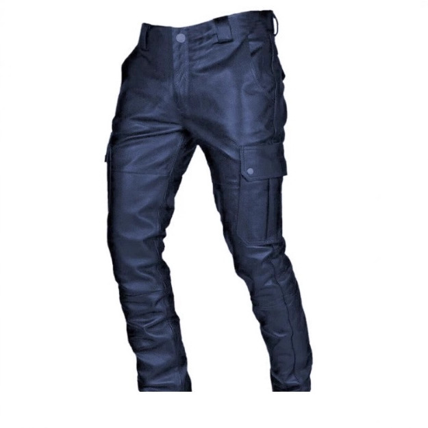 European and American 2025 Men's New Trendy Fashion Loose Versatile Solid Color Pu Strap Casual Long Leather Pants with Pockets