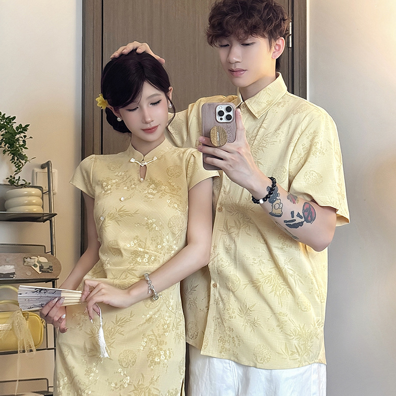 2025 Summer New Chinese Style Artistic Women's Improved Cheongsam National Style Stand Collar Elegant Embroidered Dress Couple Outfit