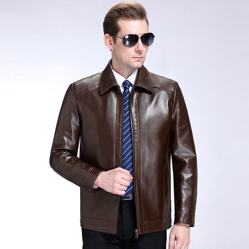 Autumn and Winter Genuine Leather Jacket Men's Haining Short Goatskin Jacket Flip Stand Collar Middle-Aged Leather Jacket Hot Style
