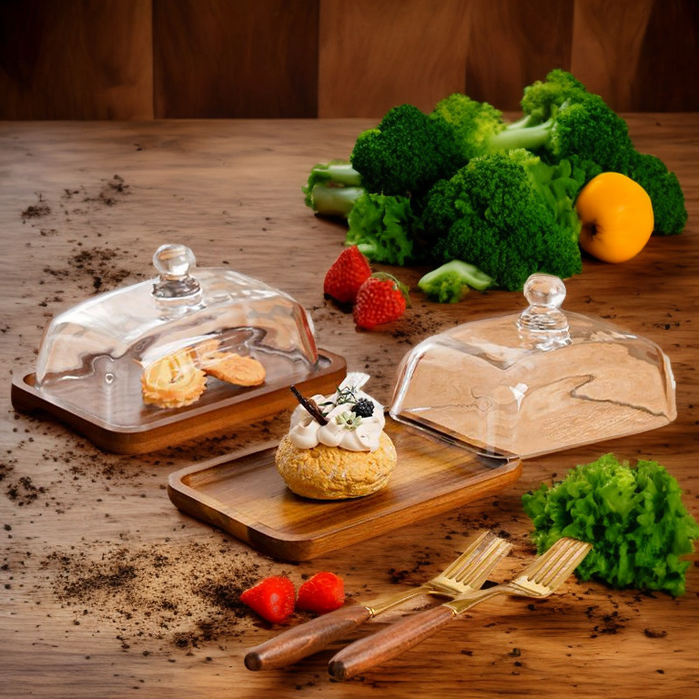 Cross-border Hot-selling Rectangular Acacia Wood Butter Plate Glass Lid Cheese Butter Plate Snack Dessert Cake Dessert Plate