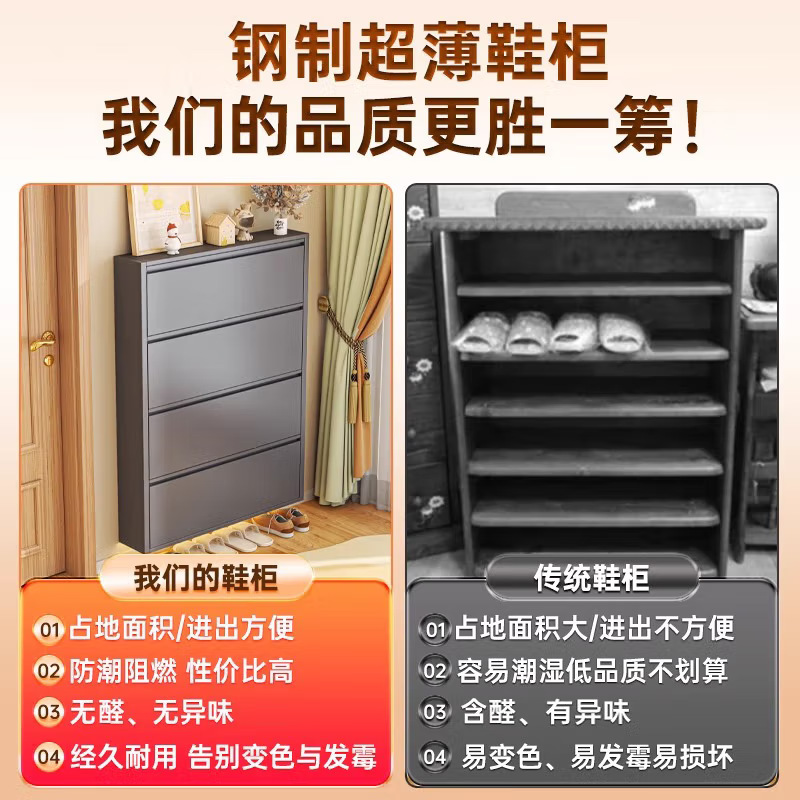 Ultra-Thin Steel Tipping Bucket Metal Shoe Cabinet Wall-Mounted Suspended Small Apartment Small Household Simple Narrow-Sided Doorway Cabinet