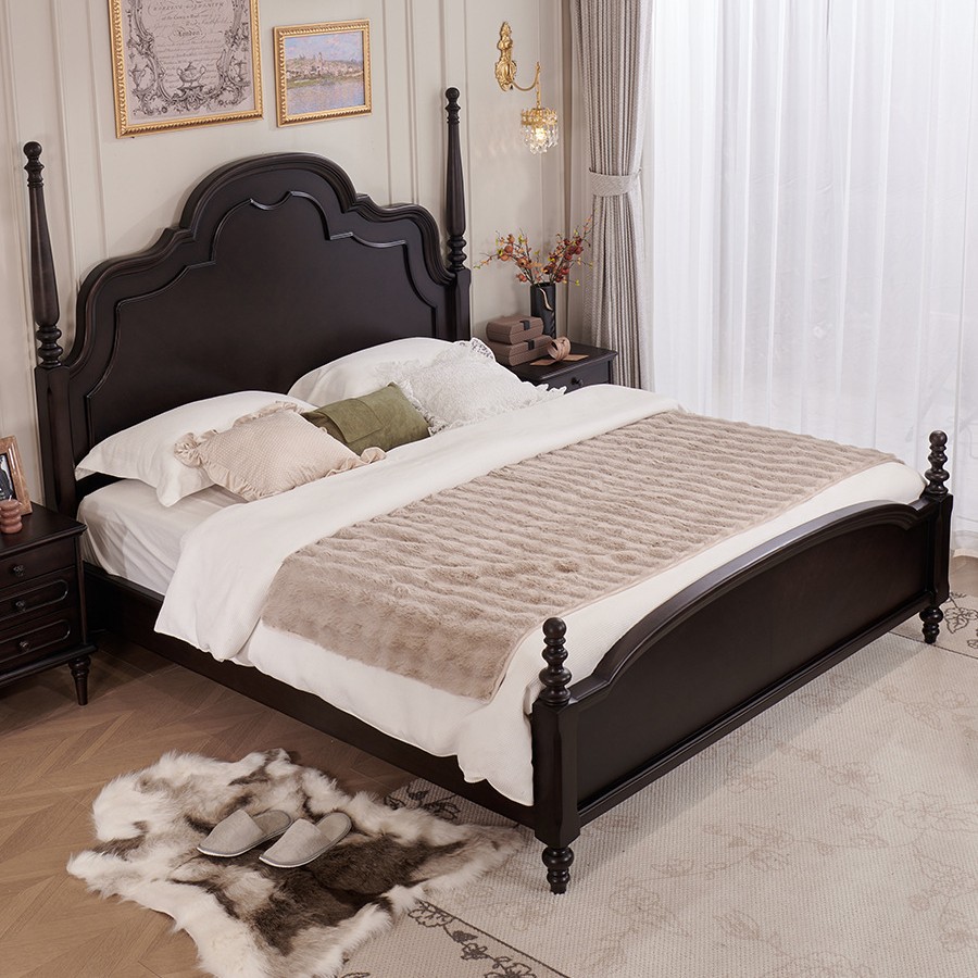 Кровать двойная из массива дерева в средневековом стиле, черная, с римскими колоннами, французская оригинальная кровать Анна