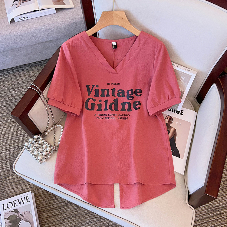 Plus Size Women's Back-Slit Short-Sleeve T-Shirt, Summer 2025 New Korean Style, Loose Fit, Slimming, Figure-Flattering V-Neck Top for Women