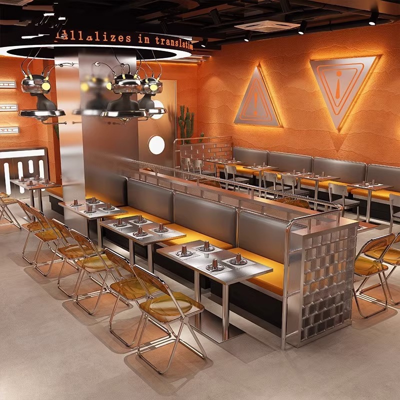 Barbecue Restaurant Hot Pot Restaurant Stainless Steel Card Seat Sofa Industrial Style Western Restaurant Cafe Tea Restaurant Dining Table and Chair Combination