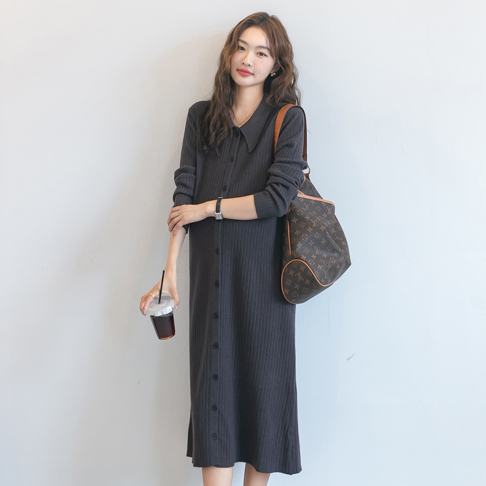 Autumn New Maternity Dress Korean Style Fashionable Lapel Pit Strip Knitted Skirt Stretch Slim-Fit Sweater Dress Trendy Dress