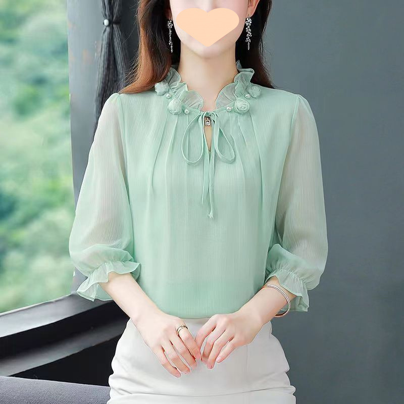 High-End Three-Quarter Sleeve Women's Shirt 2025 Spring and Summer New Pure Color Foreign Style Shirt to Cover the Flesh and Reduce Age Thin Women's Top