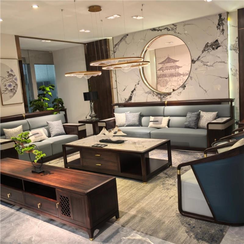 Full Case of New Chinese Style Villa Club House Luxury High-End Large Bedroom Solid Wood Sofa Ebony Wood Modern Simple