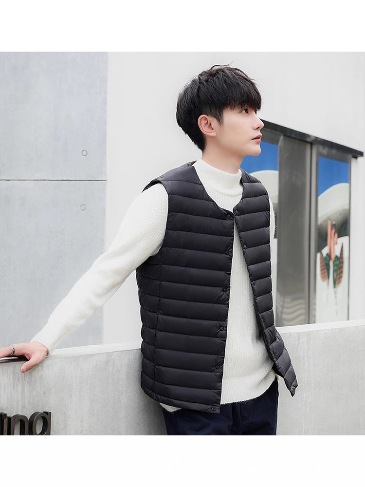 Down Vest Men's Collarless Inner Liner Autumn and Winter Light down Jacket Vest Youth Large Size Waistcoat Round Neck V Neck