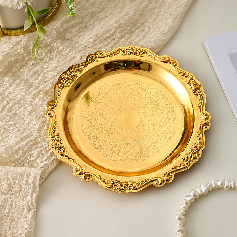 Metal Round Cake Plate Internet Popular Mini Jewelry Plate Snack Tray Snack Plate Vintage Carved Golden Storage Plate