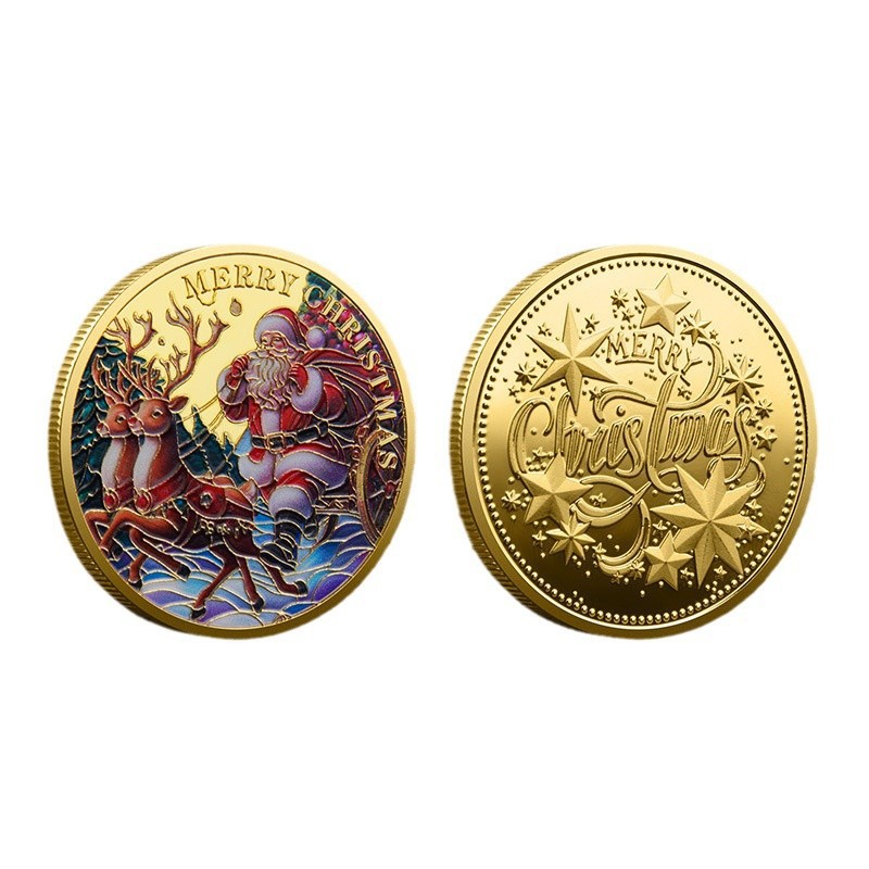 Foreign Trade Christmas Commemorative Medal European and American Santa Claus Sleigh Auspicious Deer Colorful Commemorative Gold Coin Decision-Making Game Coin