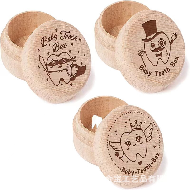 Spot Beech Round Deciduous Tooth Box Wooden Kidsren's Baby Lost Tooth Collection Storage Box with Lid Tooth Storage Box