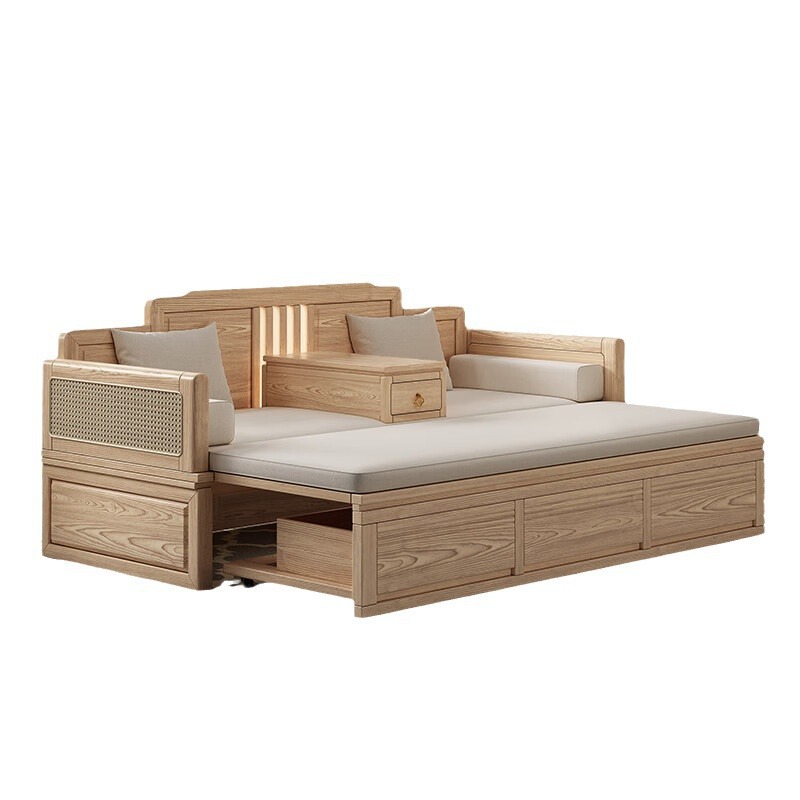 Ash Wood New Chinese Style Solid Wood Sliding Luohan Bed Small Apartment Retractable Storage Bed Simple Multi-Functional Sofa Bed