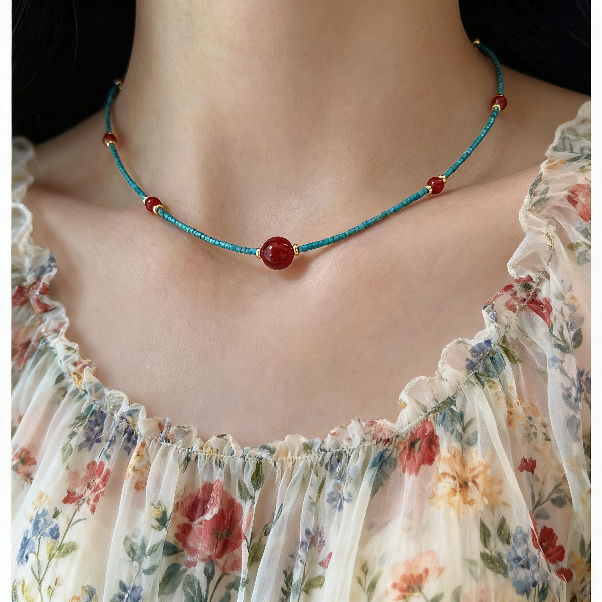 Национальное модное новое китайское ожерелье из бирюзы, южного красного агата, бусы, женская легкая роскошь, высококачественная цепочка на ключицу, оптовая продажа