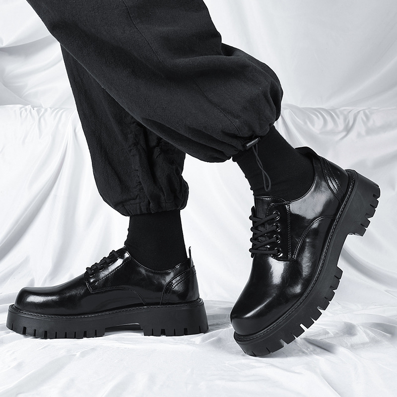 Vintage Leather Shoes Men's Thick Sole Height Increasing Men's Shoes Black Low-top Men's Business Casual Round Toe Leather Shoes fleece-lined Leather Boots