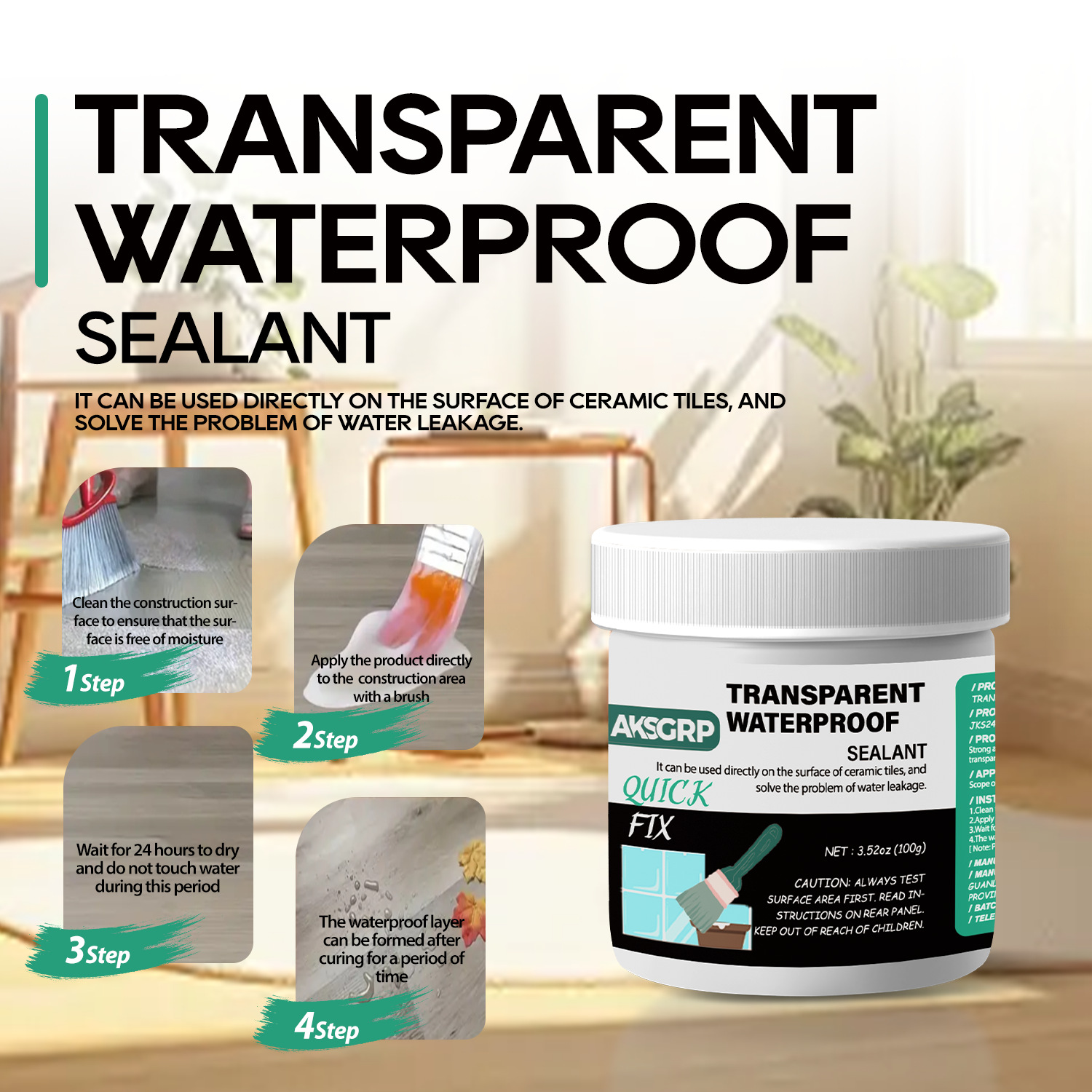 Aksgrp Transparent Waterproof Glue Kitchen and Bathroom Exterior Wall Roof Leak Repair Paint Seepage Repair Wall Floor Moisture-Proof