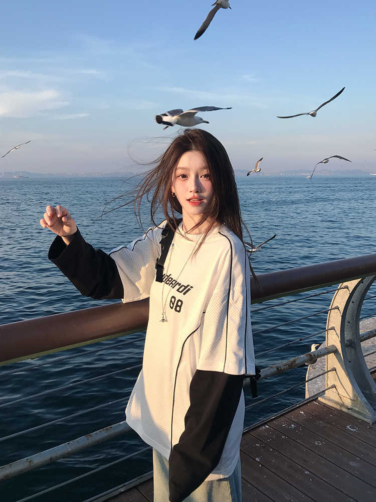 Andeardi Design Fake Two-Piece Contrasting Color Splicing Long-Sleeved T-Shirt Women's Summer Lightweight Breathable Jersey Style Top