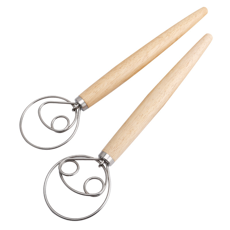 13 Inch Oak Handle Flour Mixer Danish Dough Mixer Stainless Steel Coil Egg Beater Tool