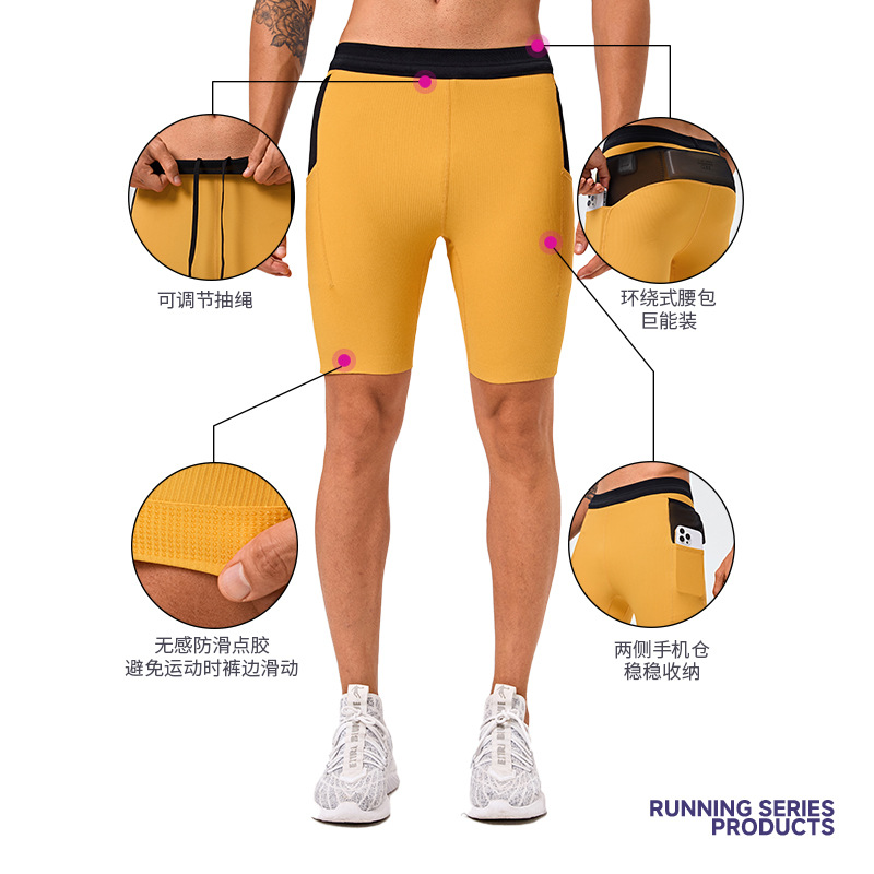 Cross-Border Amazon Spot Nylon High-Elastic Cross-Country Running Sports Quarter Shorts with Inner Liner Compression Pants Quick-Drying Pants