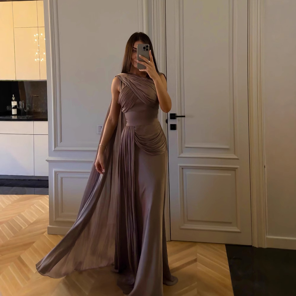 Весеннее и летнее кросс-бордовое платье с плиссировкой, атласное вечернее платье, Amazon