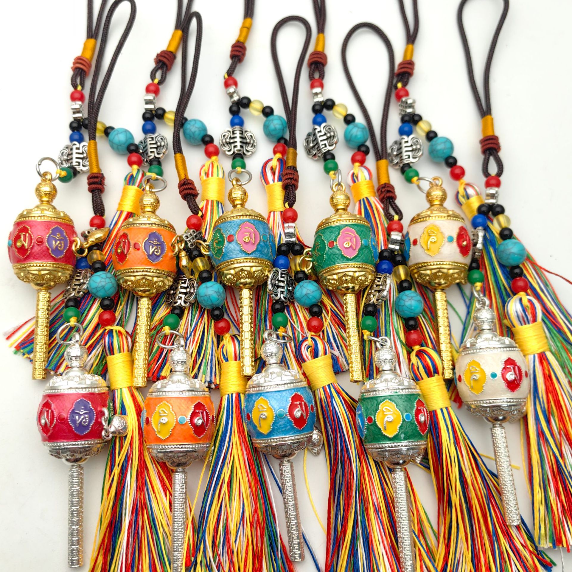 Alloy Painted Prayer Wheel Xizang Small Drum Prayer Wheel Tantric Pendant Car Bag Pendant Source Manufacturer Wholesale