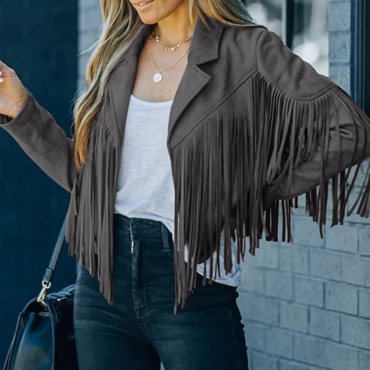 Cross-Border Autumn New Tassel Suede Jacket for Women European and American Solid Color Lapel Short Slim Autumn and Winter Jacket for Women