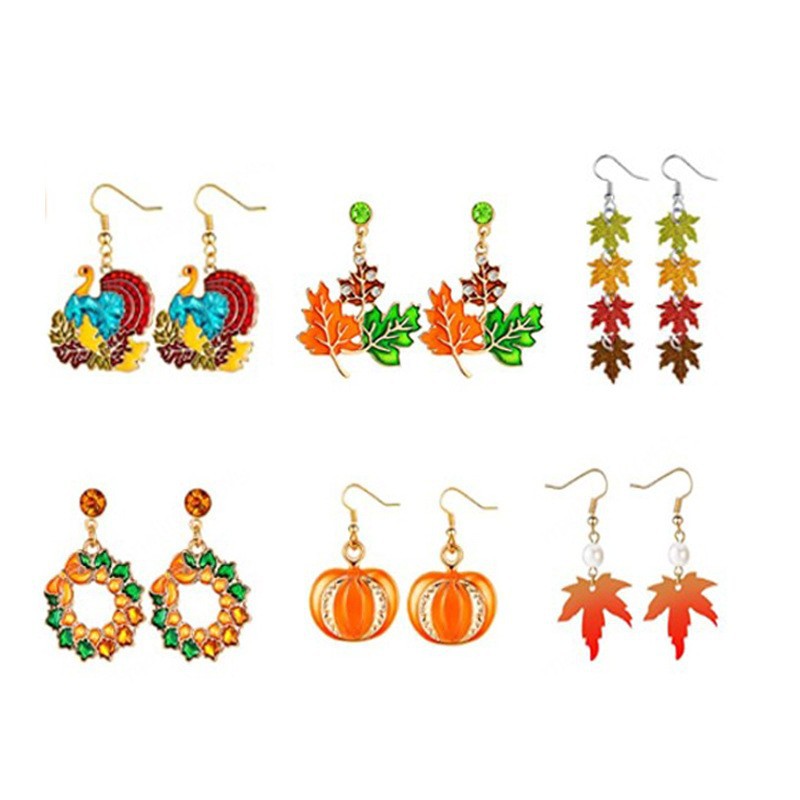 Amazon Autumn Thanksgiving Earrings Maple Leaf Turkey Pumpkin Sunflower Earrings New Alloy Oil Drop Earrings for Women