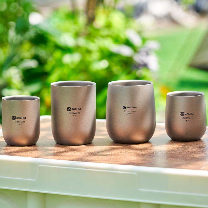 Double-layer titanium cup outdoor picnic tableware without handle portable camping ultralight pure titanium tea cup water cup office coffee cup