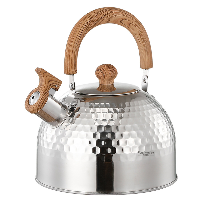 Ruinaier Stainless Steel Multi-Color Whistle Kettle Household Large-Capacity Flats-Bottomed Kettle Hammer Pattern Wooden Handle Whistle Kettle