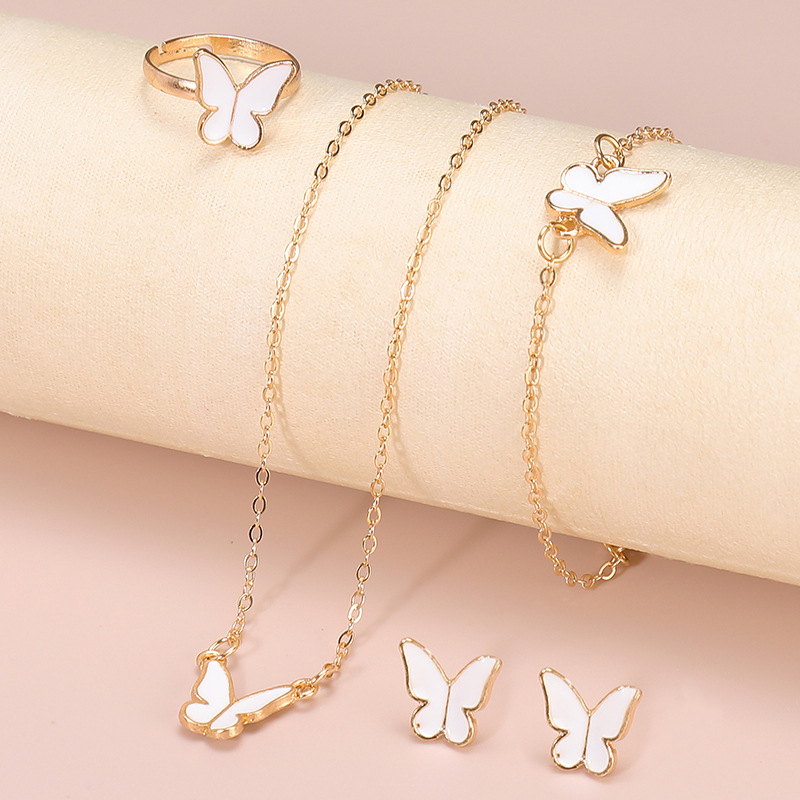 New European and American Jewelry Women's Fashion Temperament Personality Butterfly Necklace Ear Stud Ring Bracelet 4-piece Set Wholesale