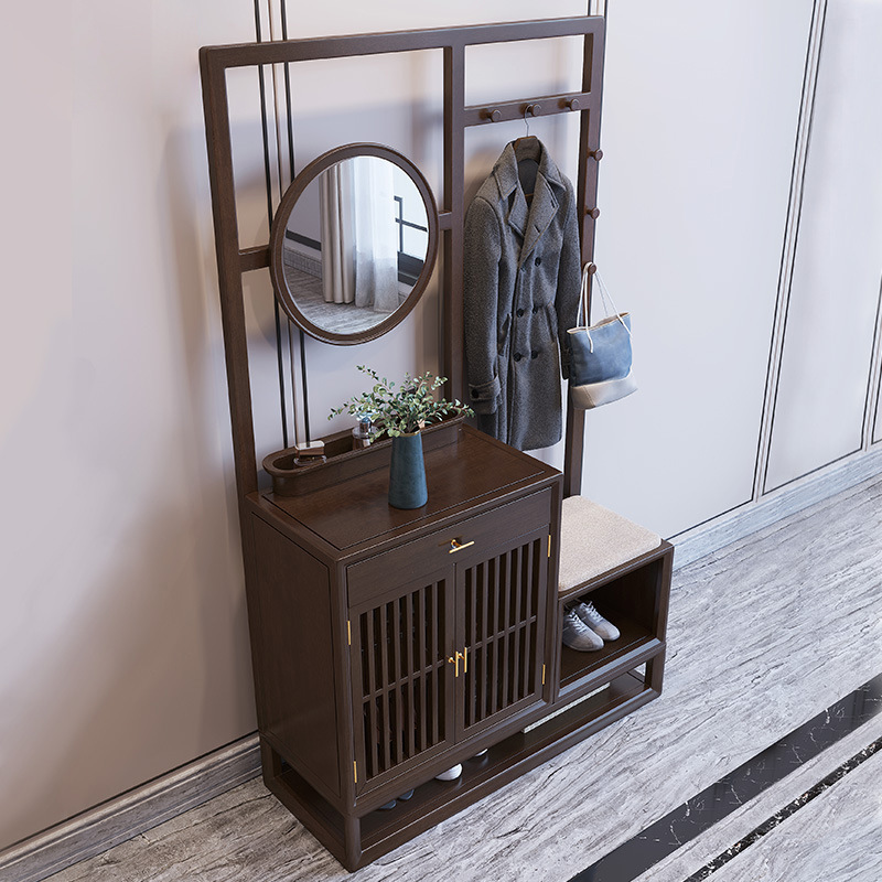 New Chinese Style Solid Wood Entrance Cabinet Foyer Entry Shoe Cabinet Multi-Functional Storage Living Room Clothes Hanger Floor-Standing Storage Shoe Changing Stool