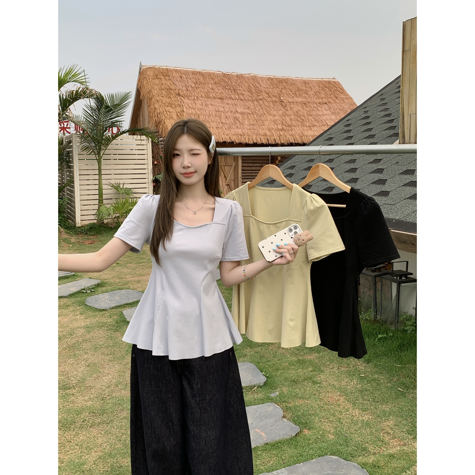 Реальный снимок 2025 лето, новая футболка для полных девушек, с талией, плиссированный подол, квадратный вырез, плечевой жакет 64582