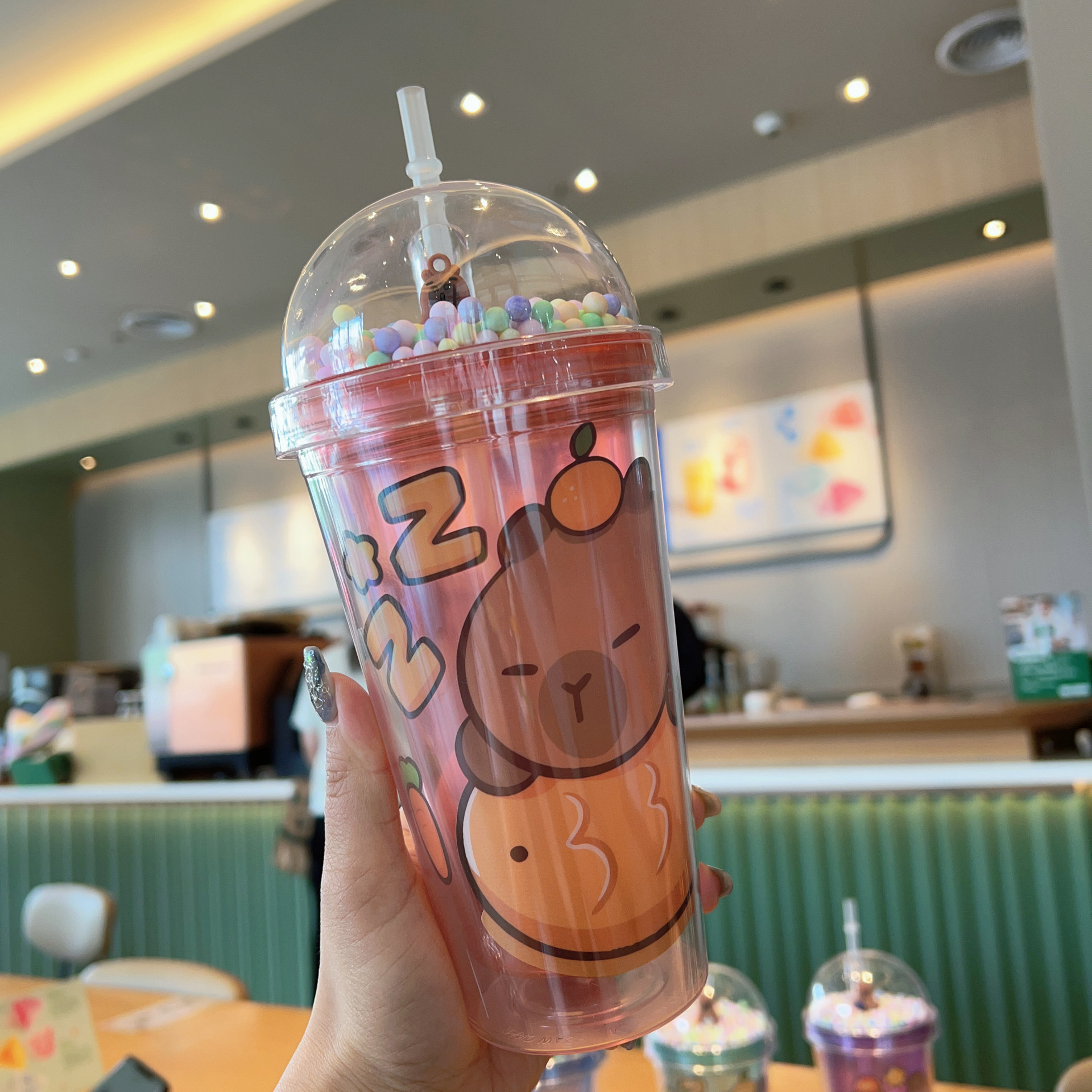 Cross-Border New High-Looking Summer Internet Celebrity Kurashutong Plastic Water Cup Straw Water Cup Double-Layer Crushed Ice Cup