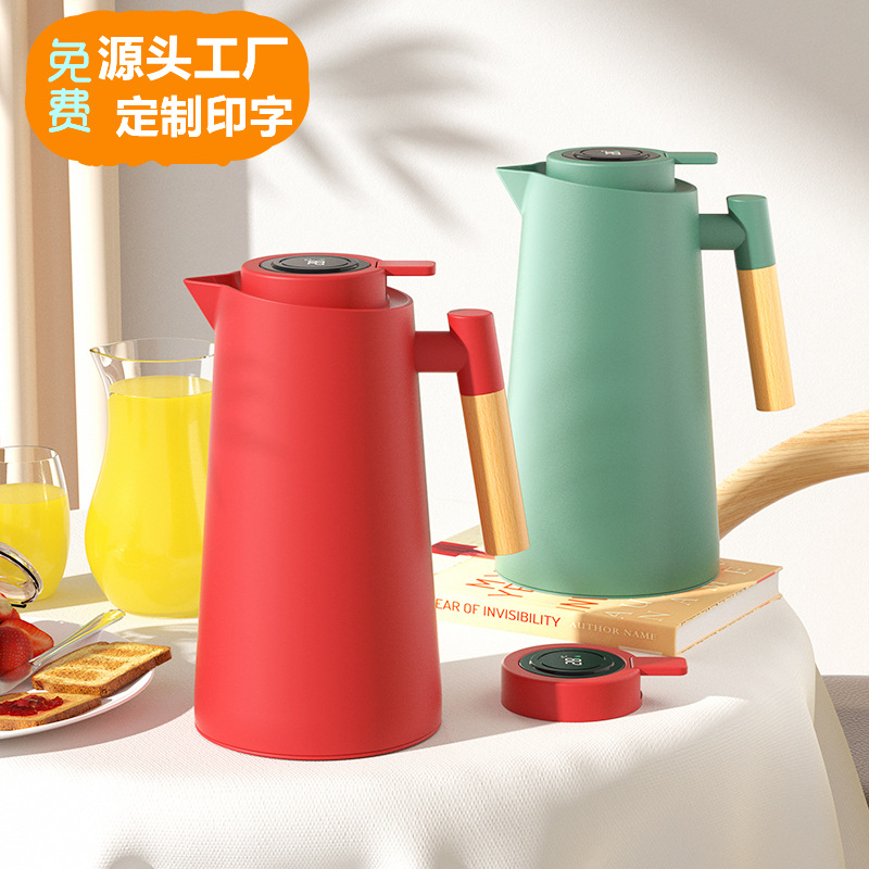 Intelligent Display Temperature Thermos Solid Wood Handle European-style Vacuum Coffee Pot Household Glass Liner Thermos Printing