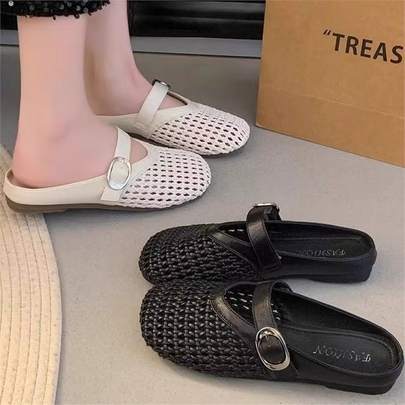 2025 Woven Mesh Breathable Baotou Slippers Women's Summer Wear French Flat Lazy Slip-on Half Slippers