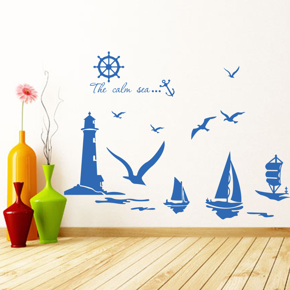 European and American wall stickers sea sailing stickers living room bedroom background PVC factory wholesale 9204 mural Blue