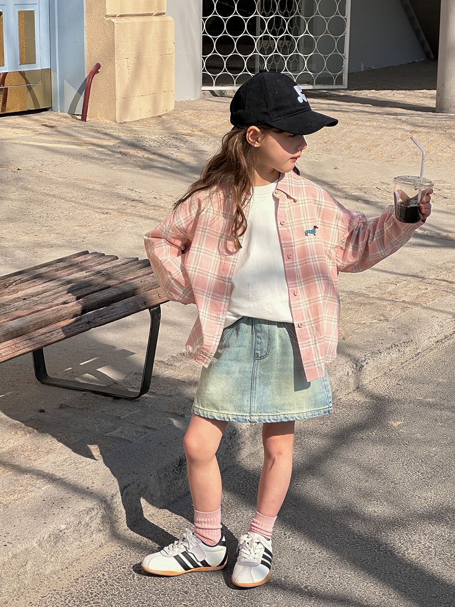 Emo Beibei Children's Clothing 2025 Spring New Girls Korean Pink Shirt Cartoon Embroidered Puppy Plaid Shirt