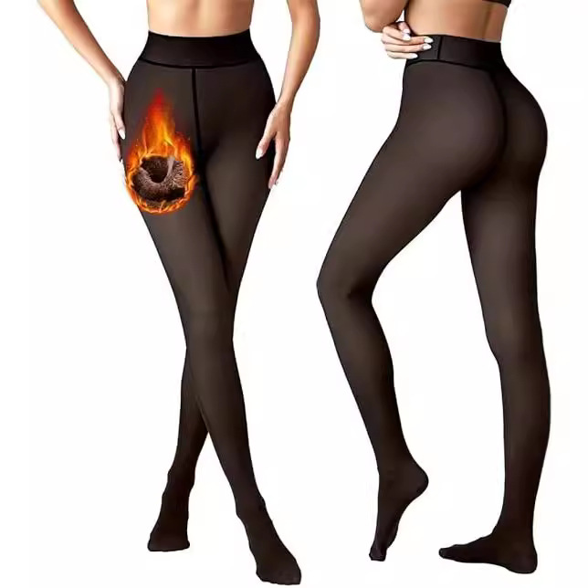 2025 Popular One-Word Crotch Cross-Border Black Translucent Fleece-Lined Thickeneding Slimming Look Leggings for Women with Bare Legs Artifact Pantyhose