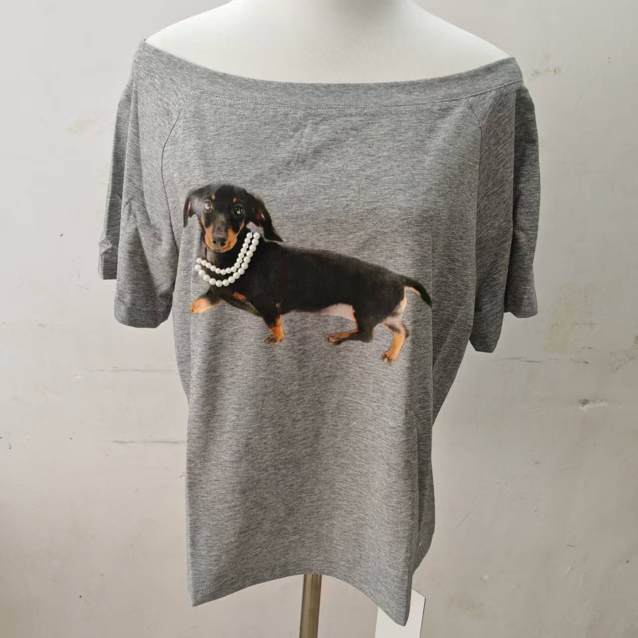 Long-Term In-Stock 2025 Summer Xu Ruohan Han Niki Same Style Gray Off-Shoulder Puppy Print T-Shirt Short Sleeve Top