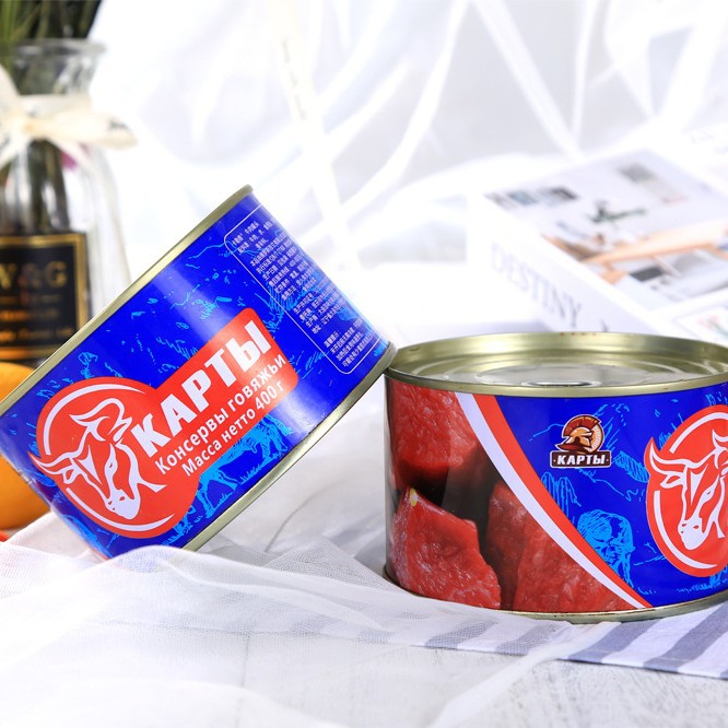 Консервированное говядина с русским вкусом 400г, открытая банка, готовая к употреблению