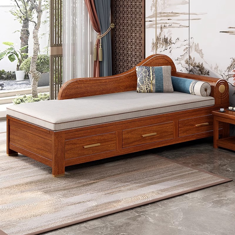 All Solid Wood Chaise Lounge Chair, Living Room Lounge Chair, Chaise Lounge, Modern Chinese Style Sofa with Cushion, Solid Wood Chaise Lounge