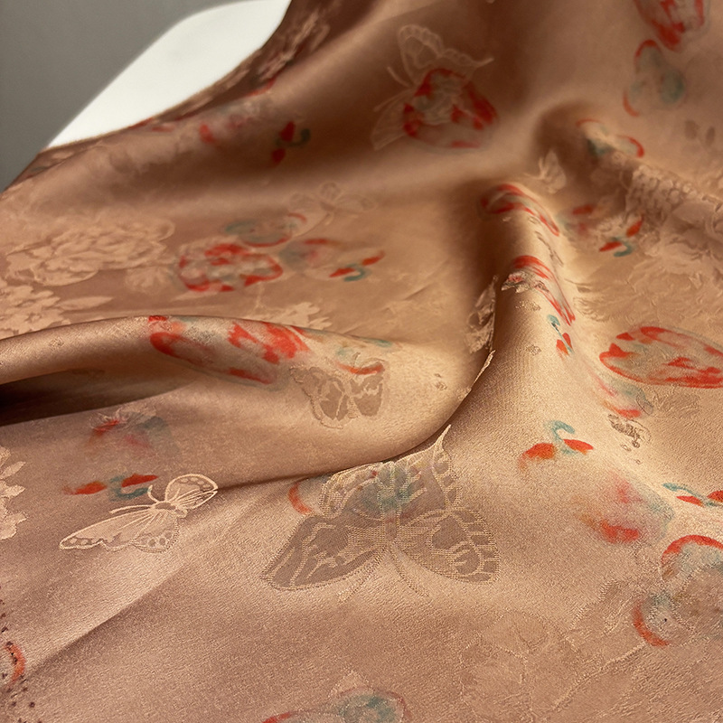 Butterfly Rose Jacquard Pattern Silk Fabric Mulberry Silk Interwoven Printed Cheongsam Clothing Fabric Factory Direct Sale