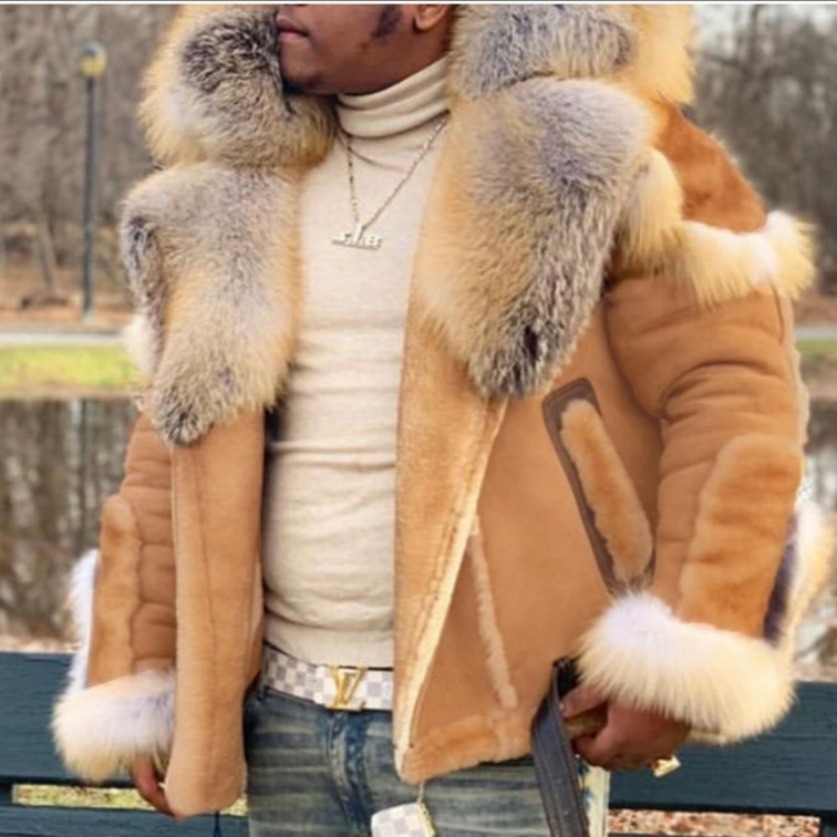 Wish мужская имитация кожаная меховая однотонная с большим меховым воротником длинный рукав 2024 новое меховое пальто оптовая продажа