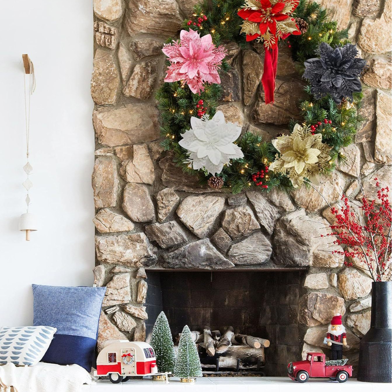 Cross-Border Christmas Decoration Simulation Christmas Flowers Christmas Tree Garland Decoration Manufacturer Wholesale Christmas Flowers Gold Powder Flowers