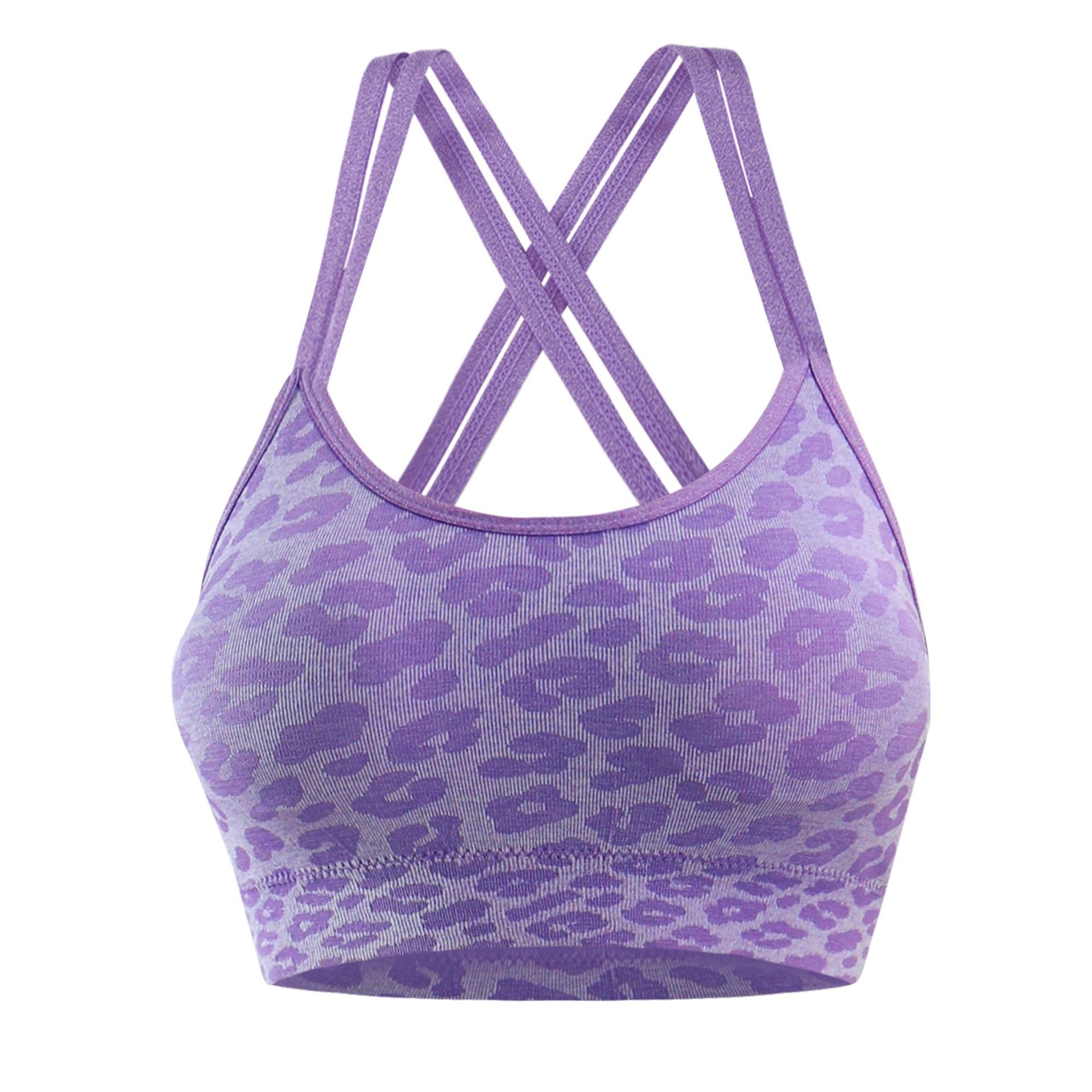 Amazon Seamless Stretch Leopard Print Push-up Yoga Vest Cross Sexy Sports Bra with Chest Pad Fitness Underwear