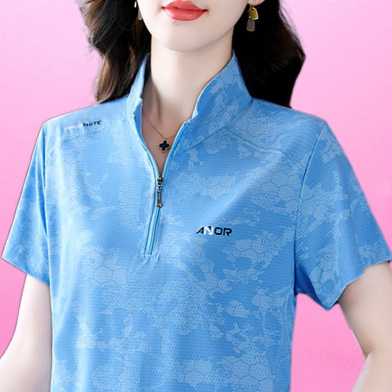 Summer New Short-sleeved Half-zipper T-shirt Women's Polo Shirt Fashionable Elegant Western-style Quick-drying Loose Slimming Breathable Women