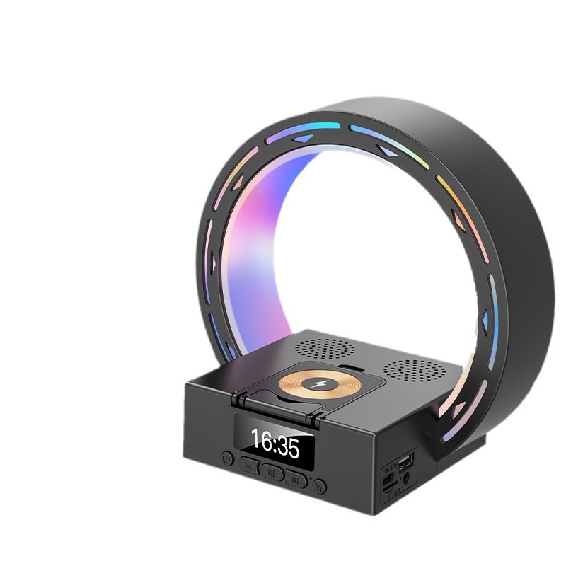 Multifunctional round speaker wireless fast charging mobile phone stand time digital display Bluetooth audio