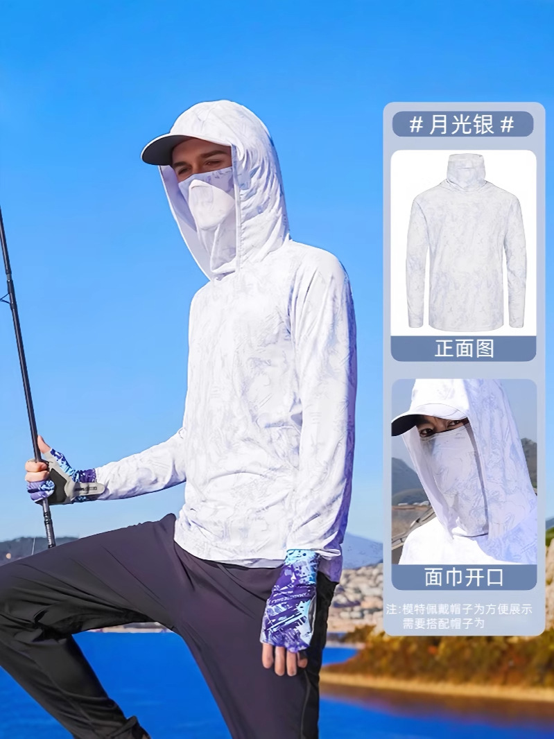 Camouflage Fishing Sun Protection Clothing for Men, Ice Silk Summer Ultra-Thin Face Covering Outdoor Fishing Anti-Uv Breathable Sun Protection Clothing for Men